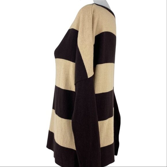 Covered by Suss Women's Tan Brown Striped Scoop Neck Designer Knit Sweater S/C44 - Picture 7 of 9
